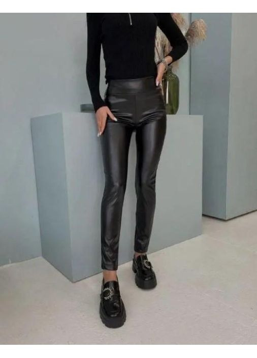 Лосины женские из экокожи на флисе облегающие с высокой талией No Brand Лосини екошкіра на флісі чорні (351385811)