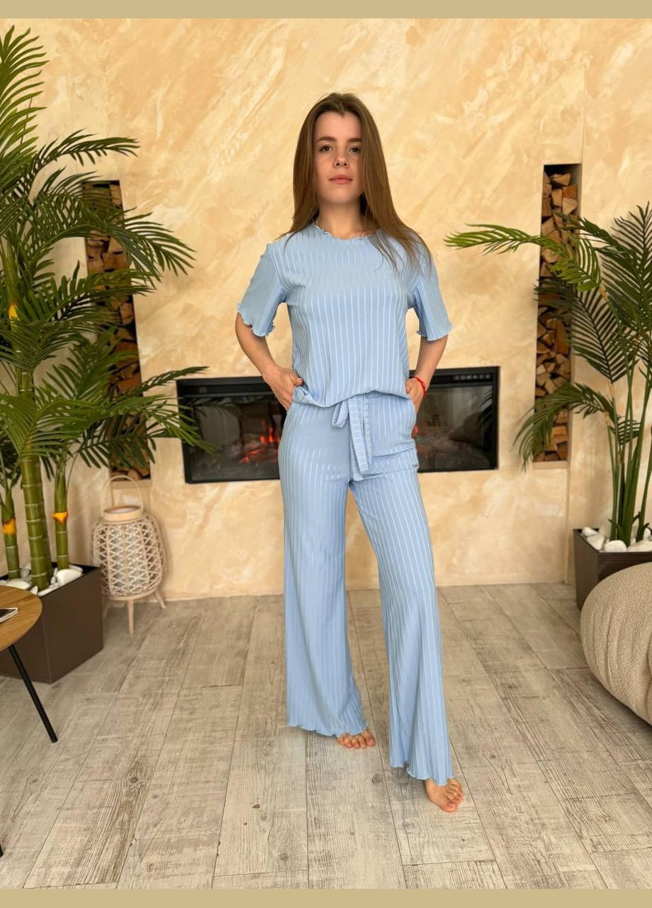 Голубая всесезон женская пижама брюки и футболка с шортами голубой (f3101-1) No Brand