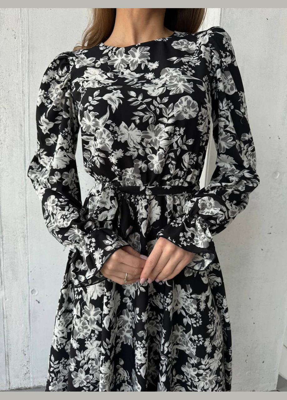 Черное повседневный женское платье с цветочным принтом софт No Brand с цветочным принтом