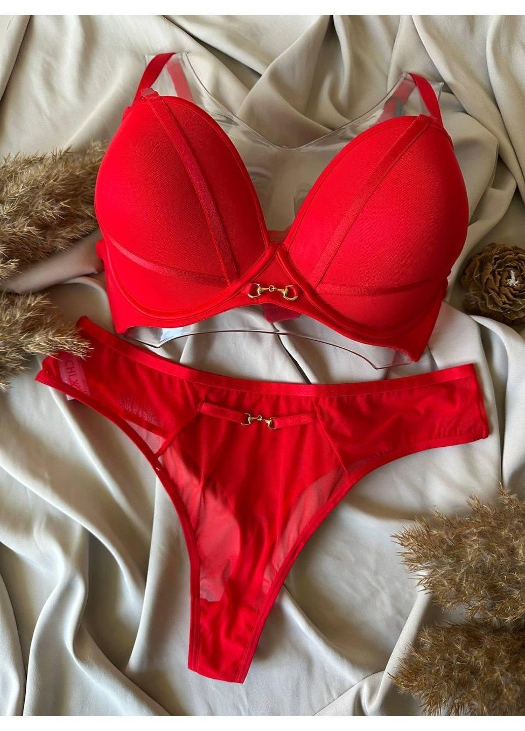 Червоний комплект бюстгальтер поролон + прозорі стрінги червоний CHLX