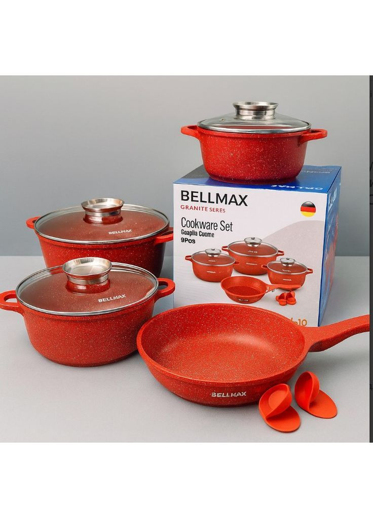 Набор кухонной посуды с гранитным антипригарным покрытием Красный на 9 предметов Bellmax Cookware BM-120 No Brand (366447361)