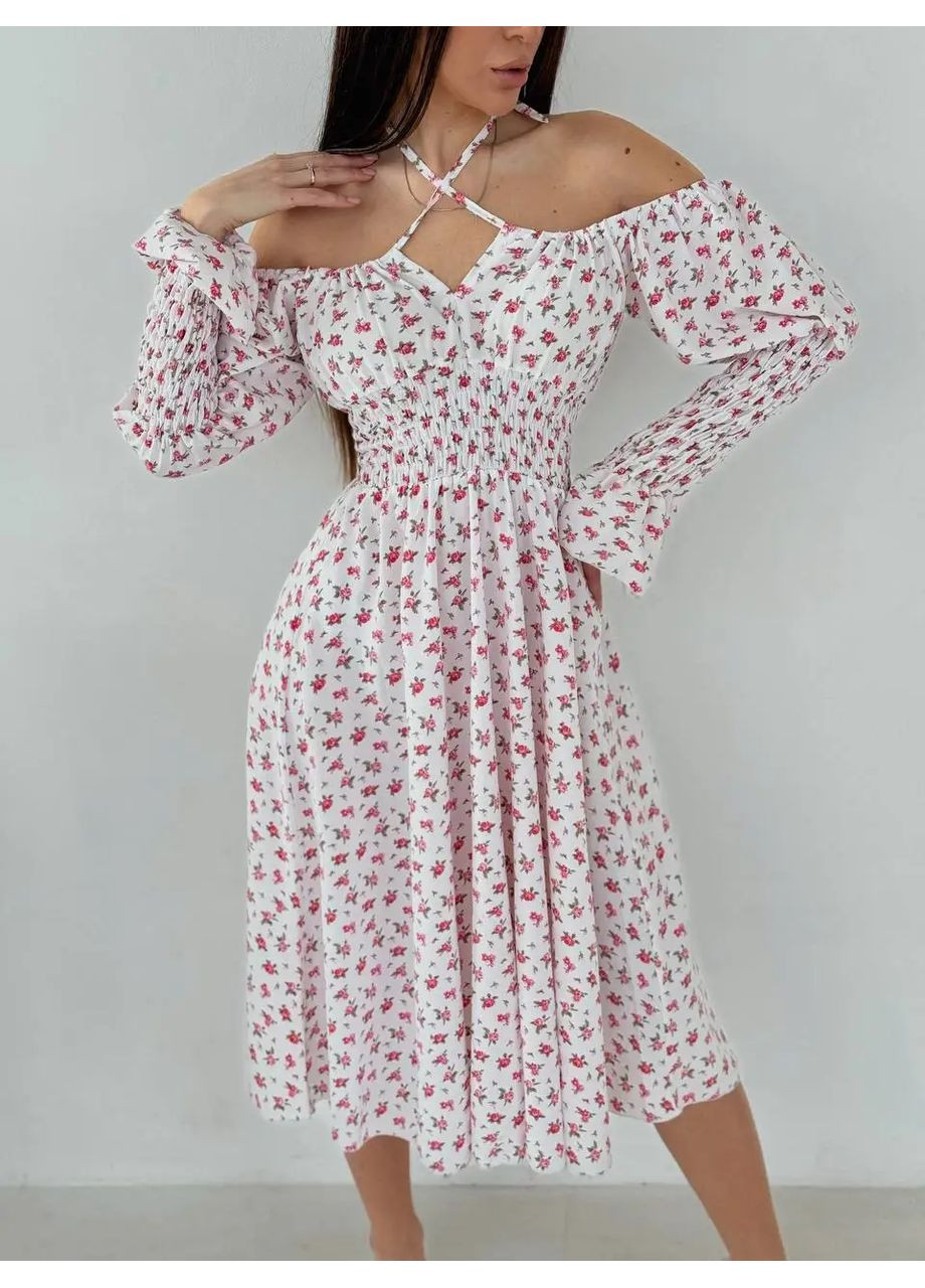 Білий cукня міді з принтом біла квітка на зеленому No Brand