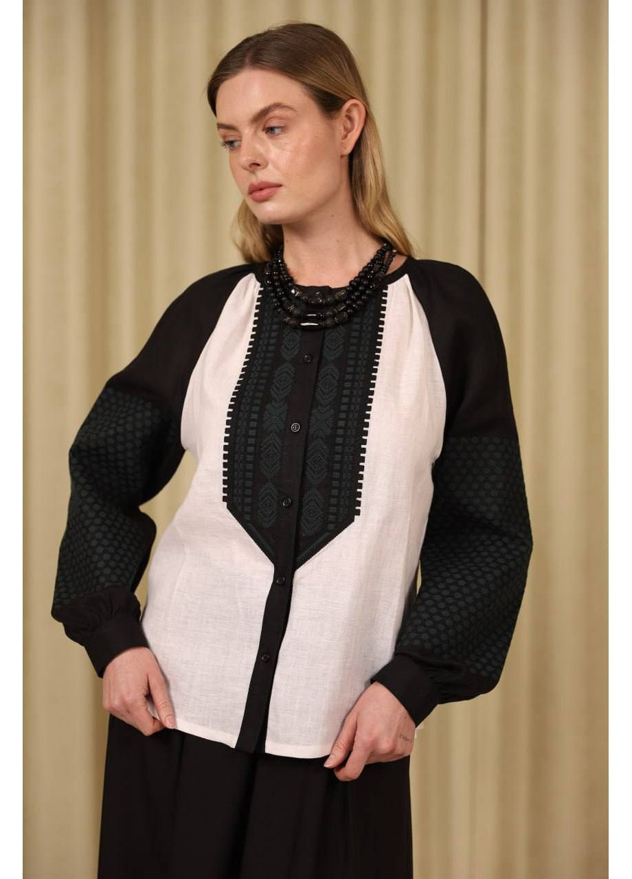 Біла вишиванка жіноча полонина льон, чорно-біла з зеленою вишивкою MOTYV візерунок геометричний льон (370934519)