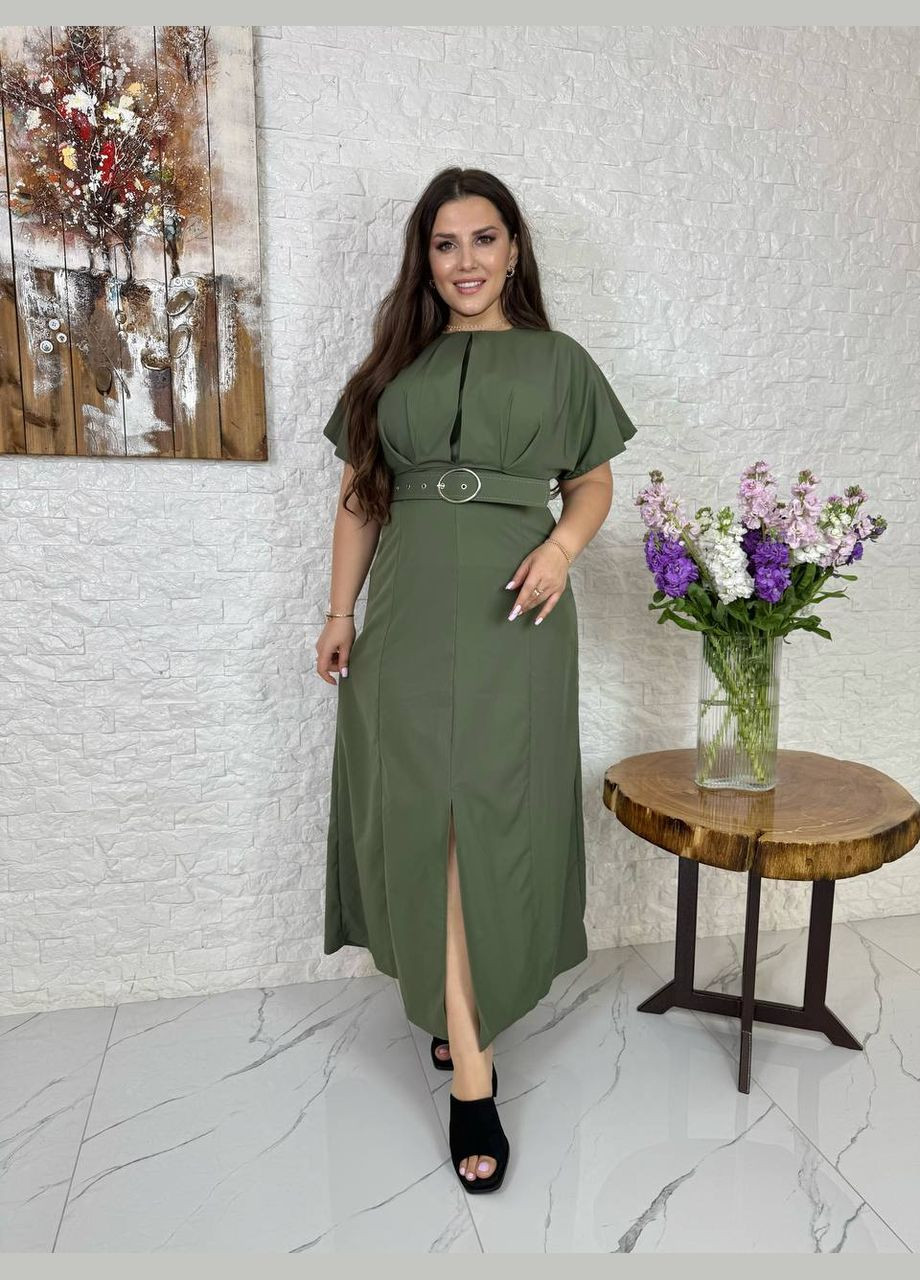 Оливковое (хаки) платье с поясом Україна однотонное