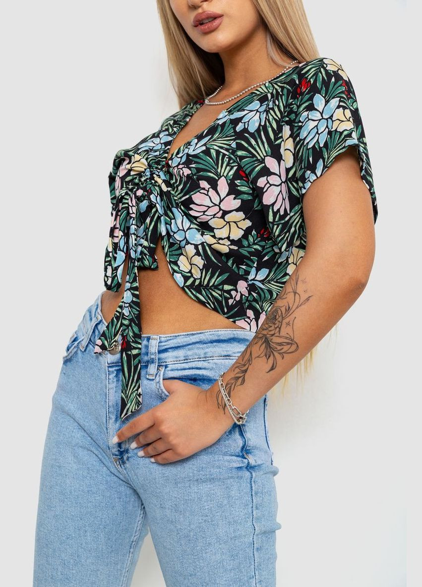 Комбинированная блуза-топ с цветочным принтом, цвет черно-зеленый, 244r292 Kamomile