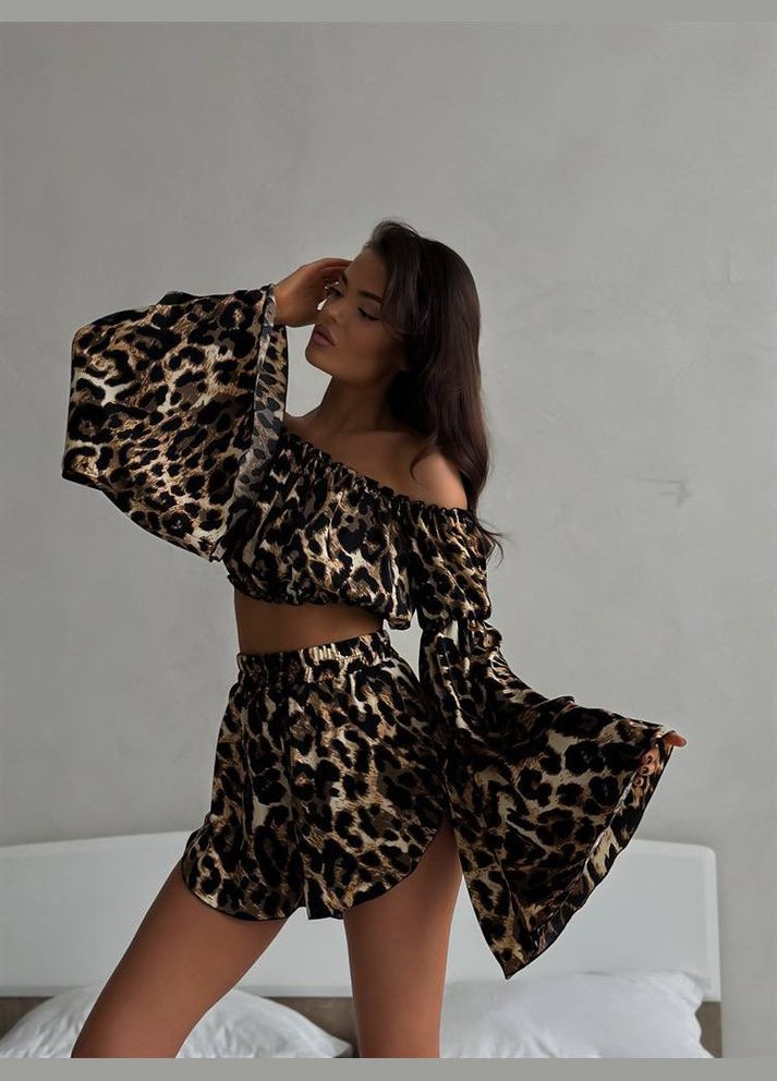 Комбинированная красивая леопардовая пижама из софта, лёгкая и свободная леопардовая пижамка (топ+шорты) No Brand 478