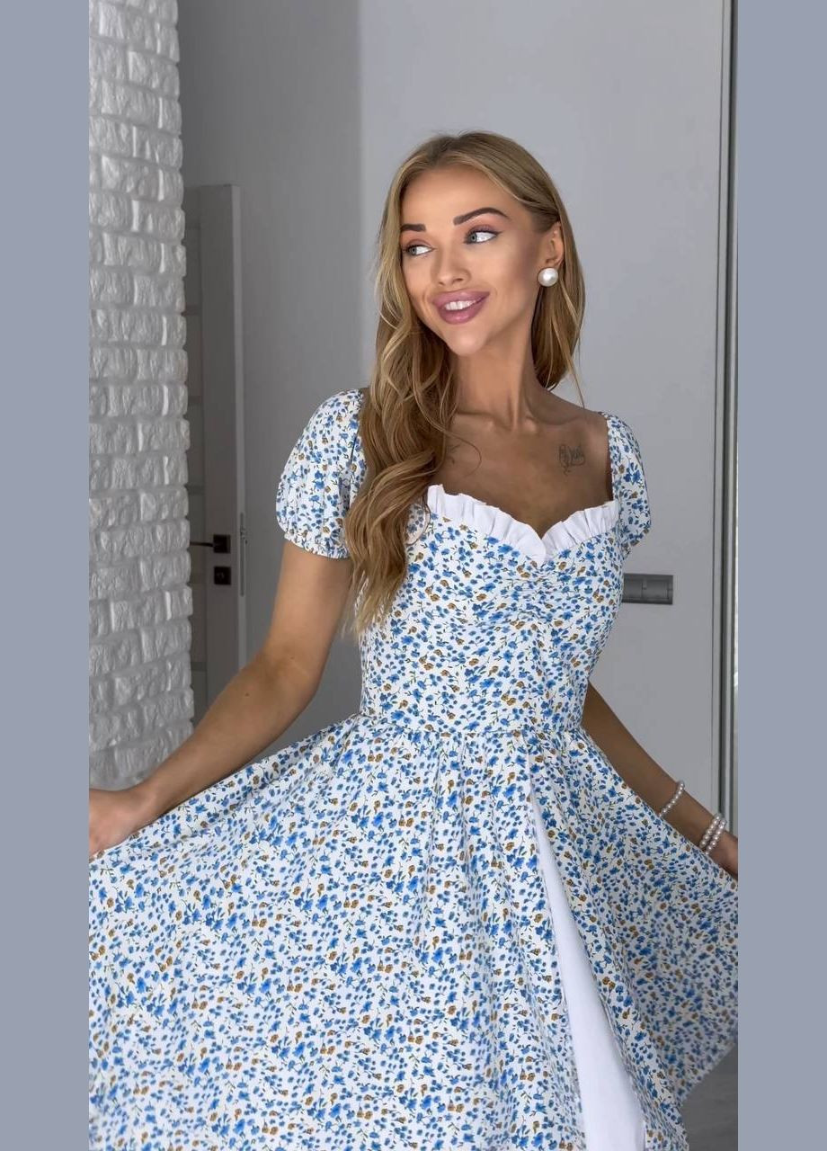 Блакитна кежуал ніжна сукня в квітковий принт з пишною спідницею Adelante з квітковим принтом