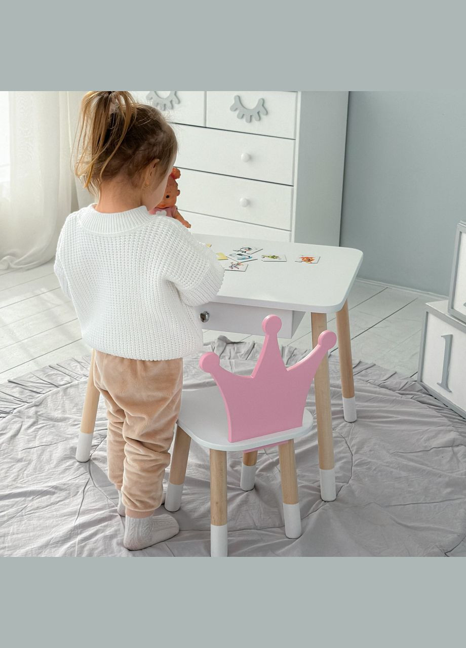 Дитячий столик білий і стільчик корона біло-рожевий. Столик із шухлядою для олівців і розмальовок 56787 No Brand (335039698)