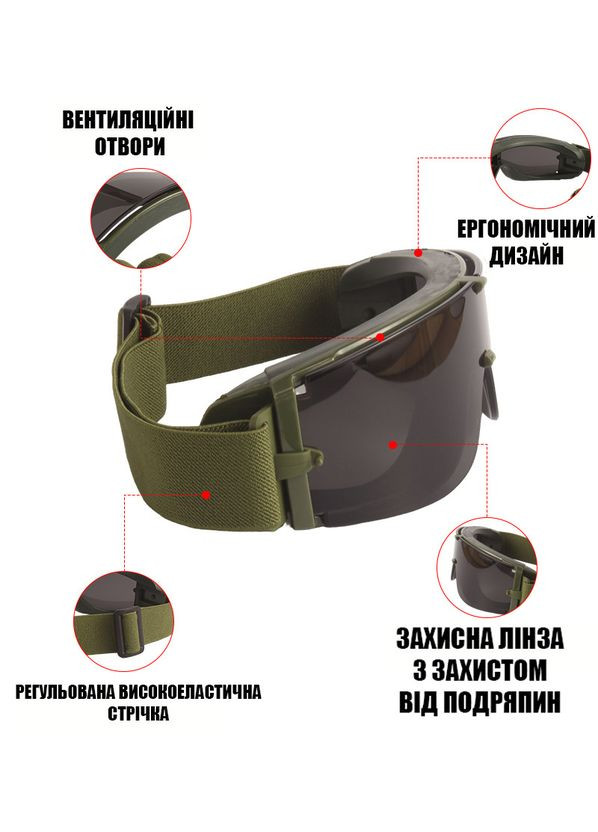 Тактические очки-маска с креплением на каску и тремя сменными линзами Олива Solve (329741359)