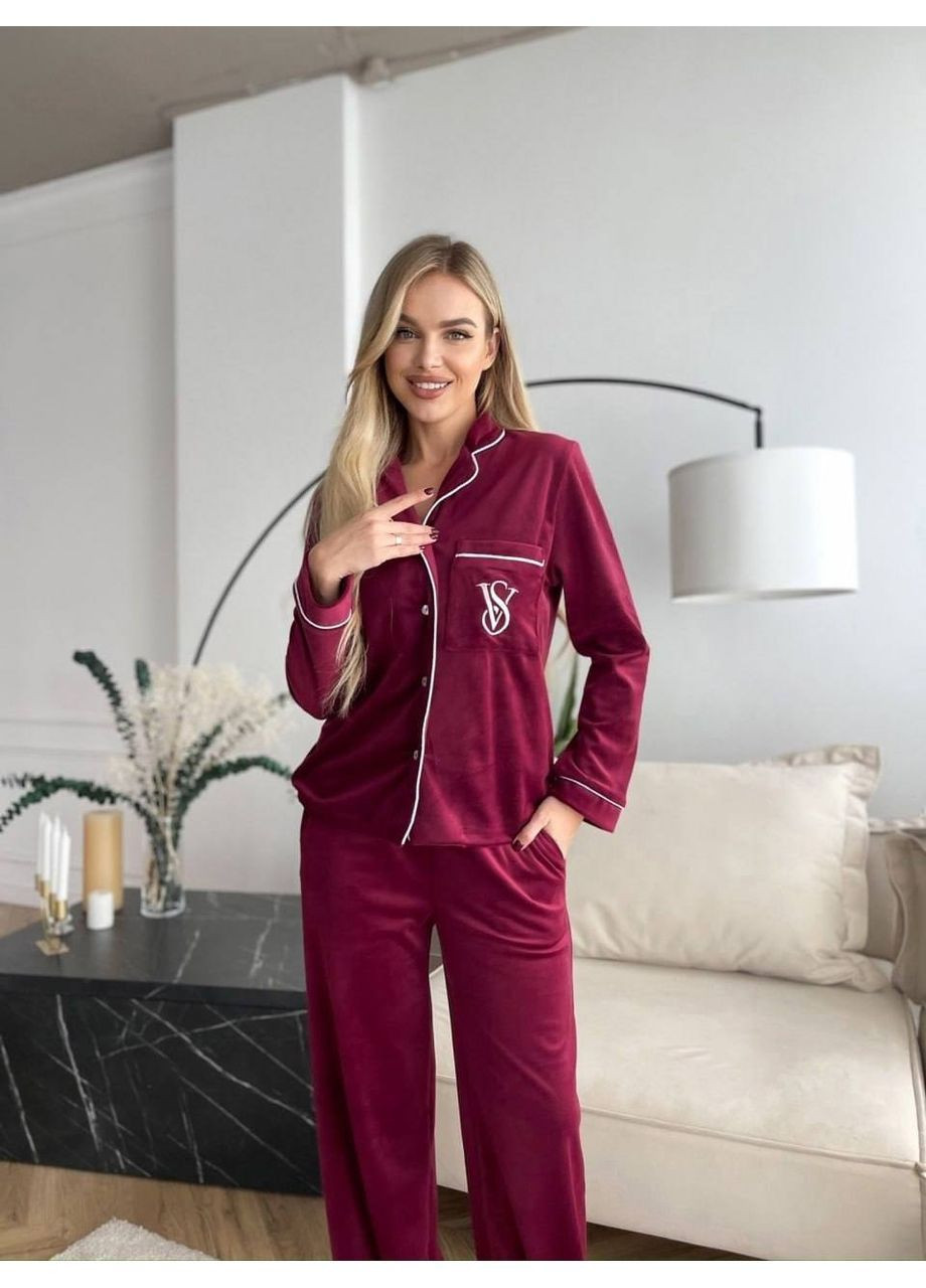Бордовая пижама хит! турецкий велюр с вышивкой на кармане,брюки и рубашка Україна