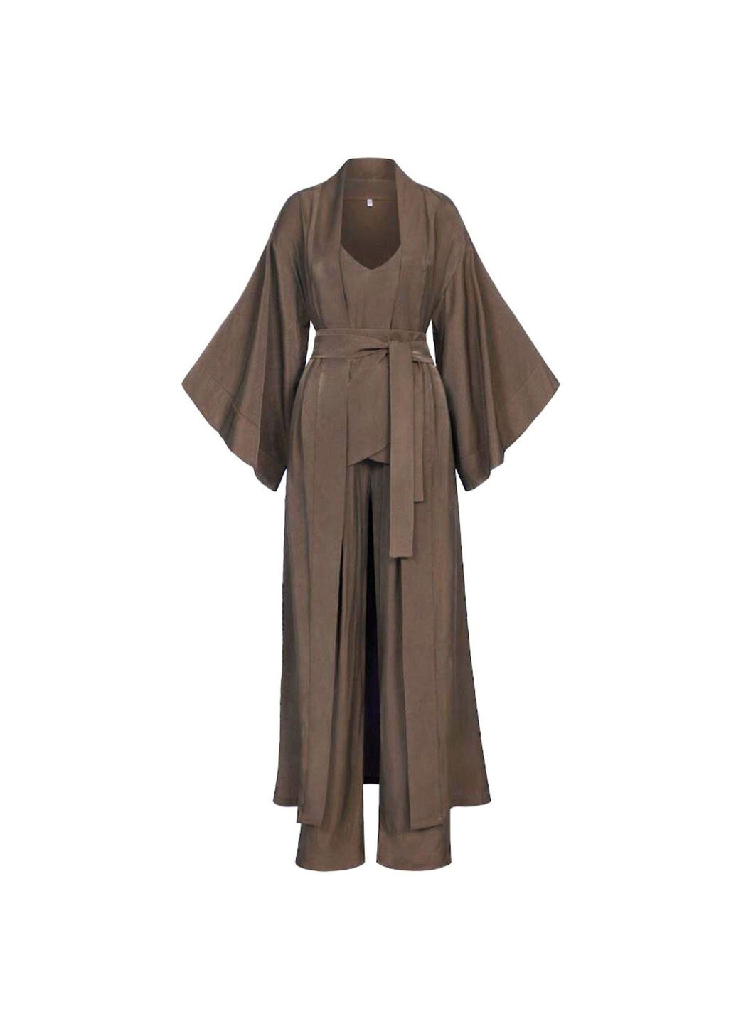 Коричнева комплект жіночий трійка - кімоно під пояс, топ на широких бретелях та вільні штани шоколад Garna