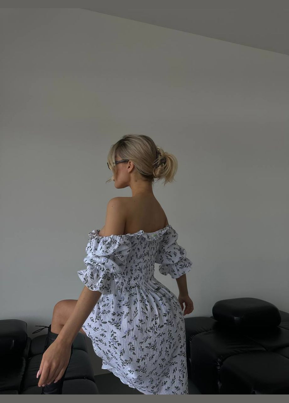 Зеленое праздничный, повседневный женское мини платье из муслина клеш Avanti с цветочным принтом