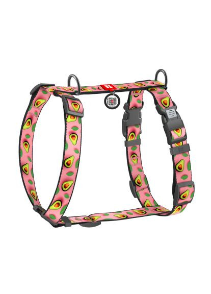 Шлей для собак Nylon анатомическая H-образная с QR-паспортом "Авокадо на розовом" пластиковый фастекс, L (345-4051) WAUDOG Nylon анатомічна H-подібна з QR-паспортом "Авокадо (366735770)