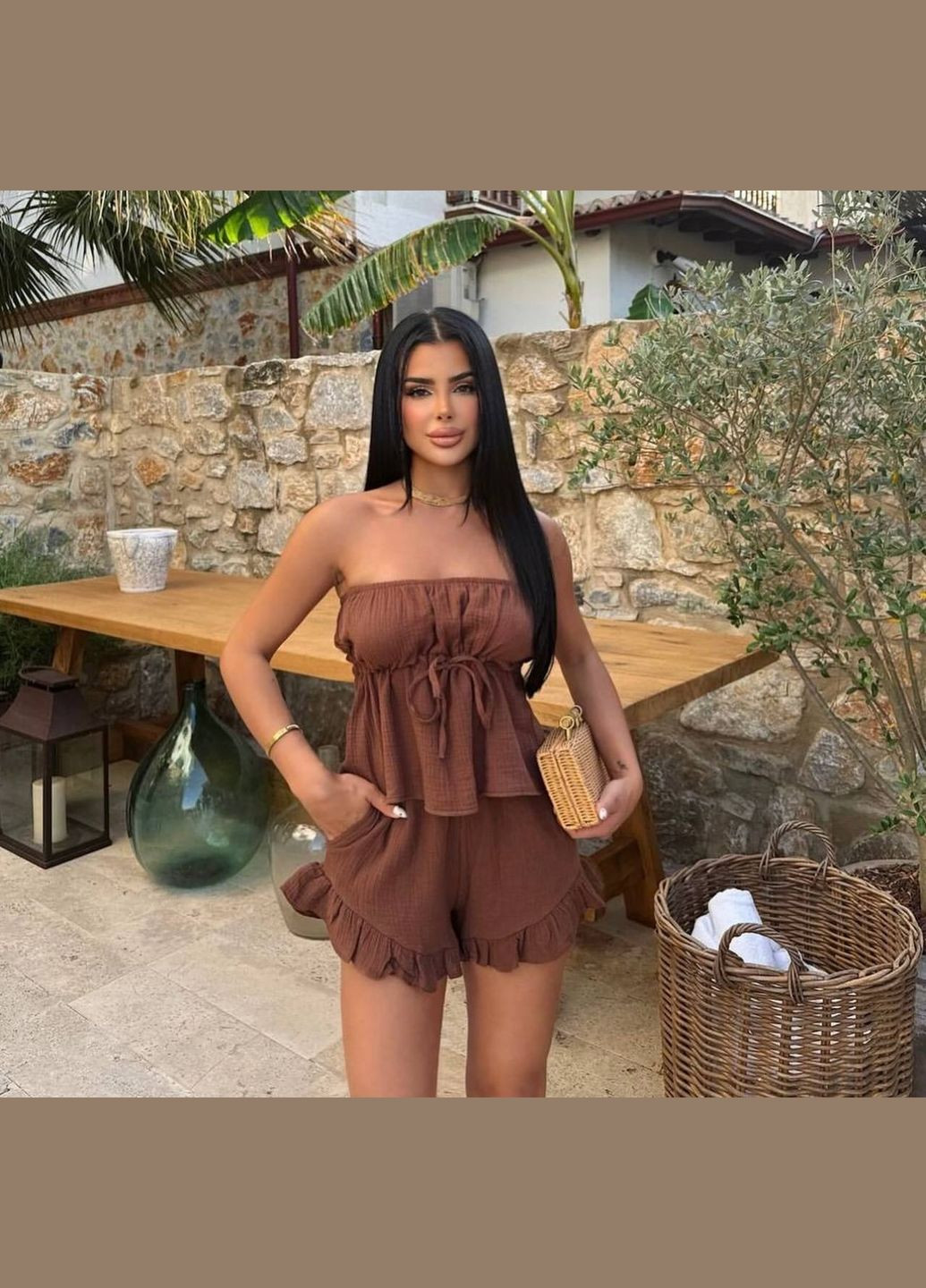 Жіночий літній костюм з льону топ + шорти MonCher (333801185)