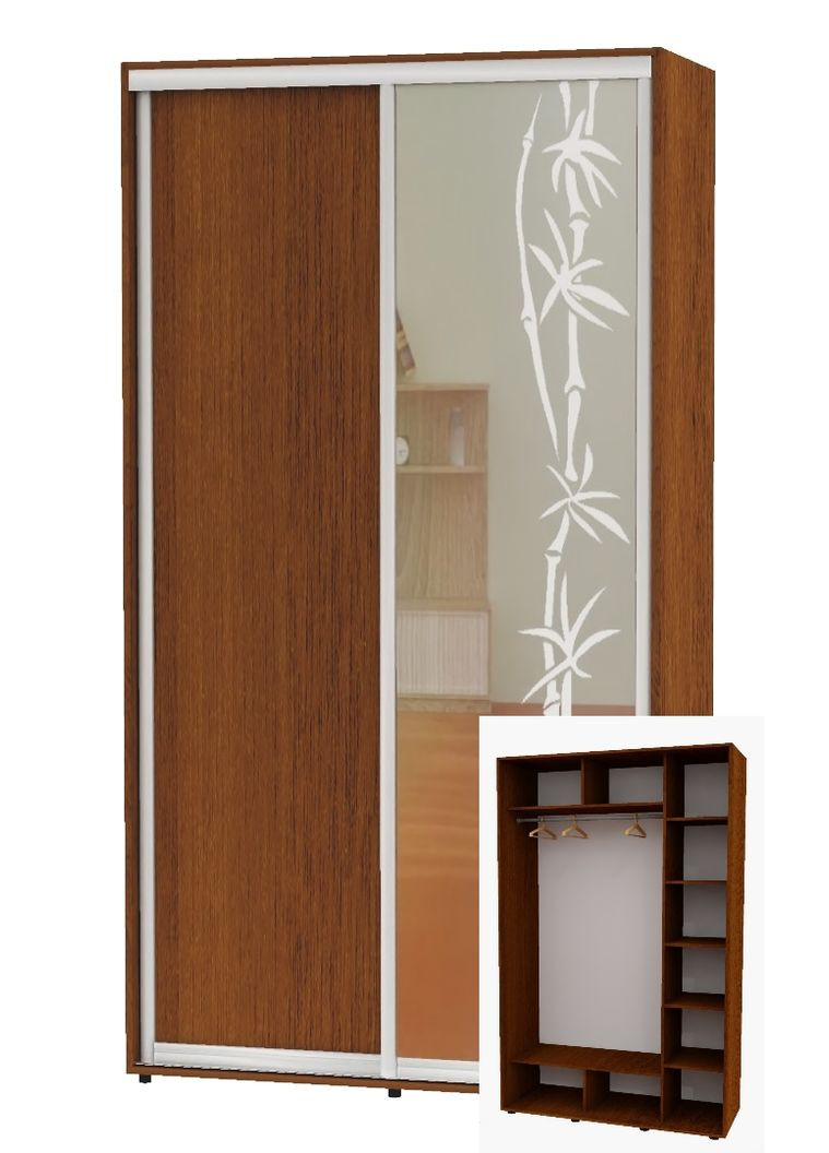Шкаф-купе двухдверный 140*60*230 Орех лесной ДСП/Зеркало с пескоструйным рисунком Алекса (360445748)