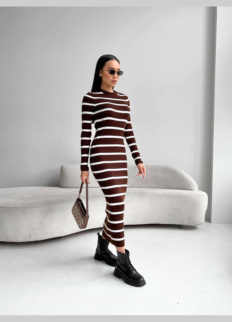 Коричнева жіноча сукня міді у смужку колір коричневий-білий р.42/46 449395 New Trend