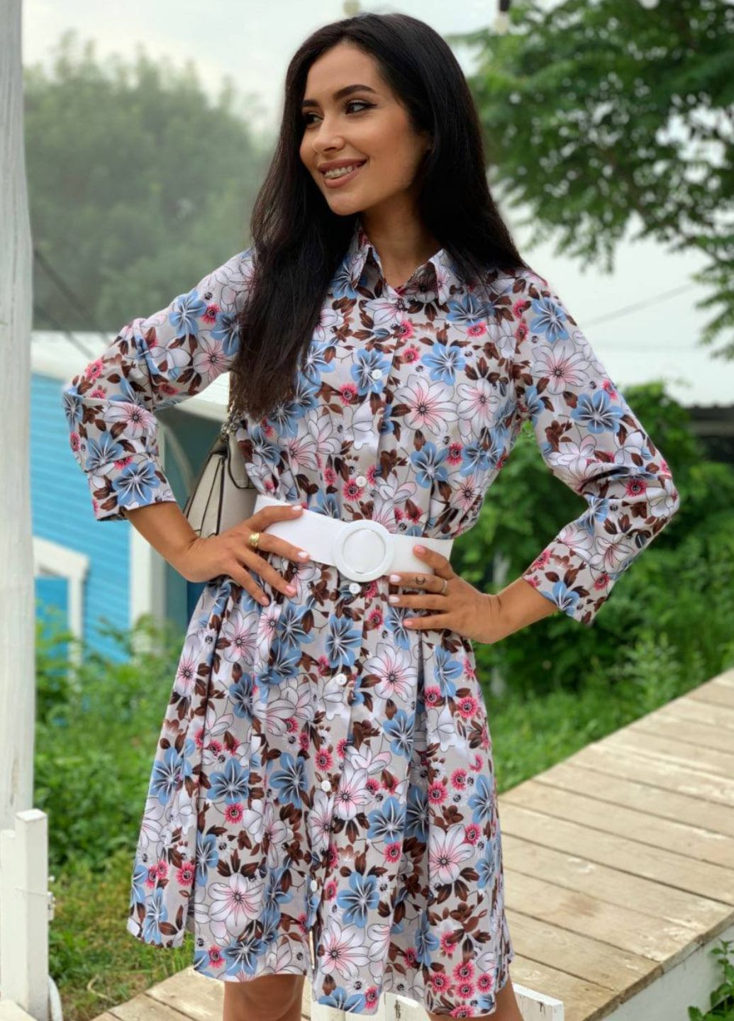 Серое повседневный платье-рубашка на пуговицах рубашка Allthings с цветочным принтом