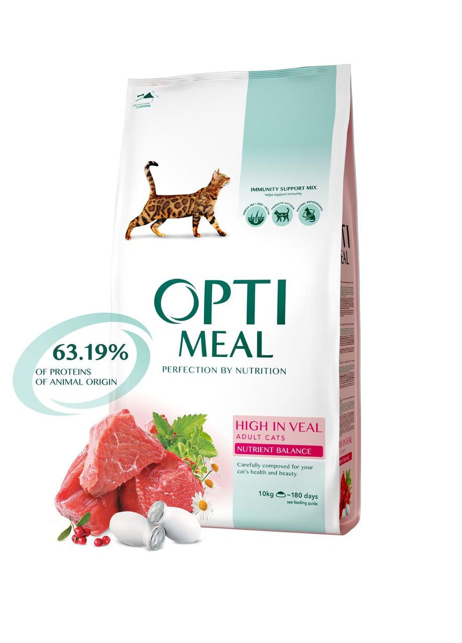 Сухой корм для взрослых кошек с высоким содержанием телятины 10 кг ОПТИМИЛ Optimeal (278308911)