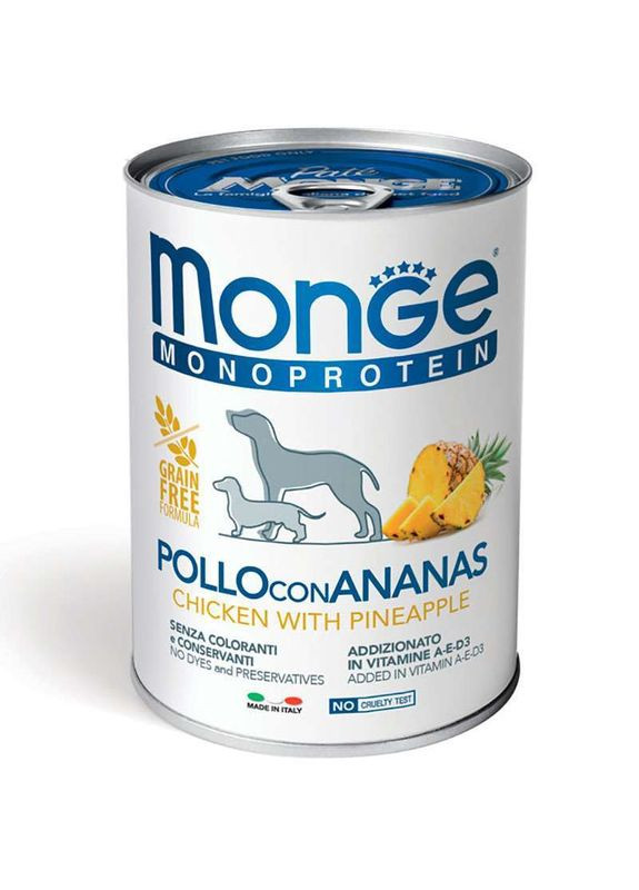 Dog Monoprotein Fruit Chicken with Pineapple – Монопротеиновый паштет с курицей и ананасом для собак всех пород - 400 г Monge (336182352)