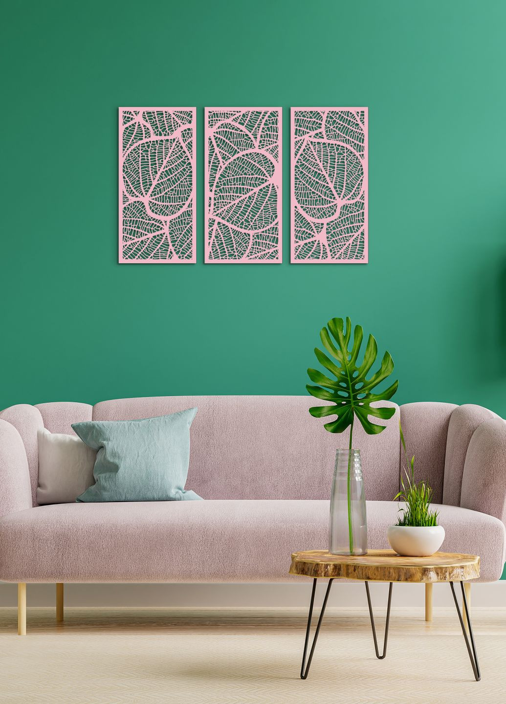 Настенный декор для дома, картина лофт "Листочки картина с трех частей", декоративное панно 60х95 см Woodyard (292113276)