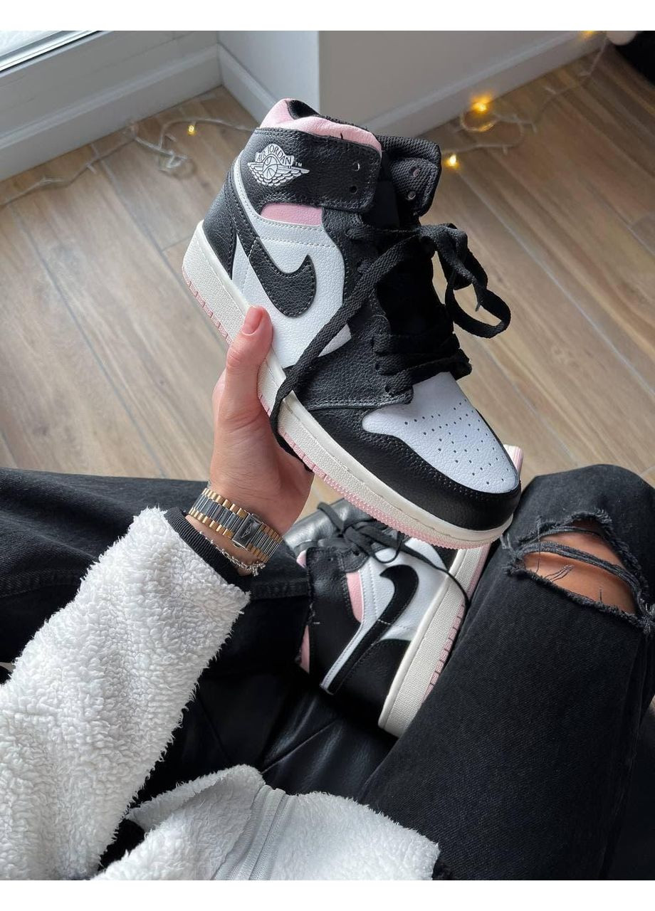 Рожеві Осінні кросівки чоловічі nike air jordan 1 retro black white pink найк аір джордан No Brand