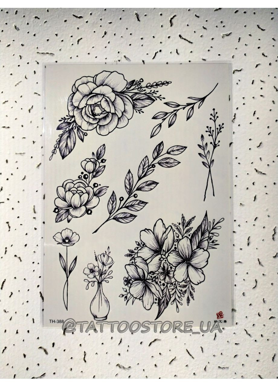 Тимчасове тату Чорні квіти 21х15 см набір 21, Fine Line, контурні Tattoo (367623594)