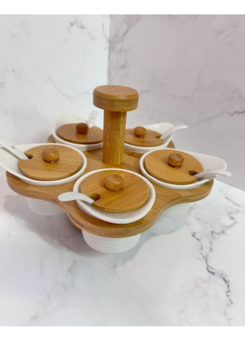 Набор банок для сыпучих продуктов керамика с ложками и бамбуковыми крышками 120 мл 5 шт TS Kitchen (356504818)