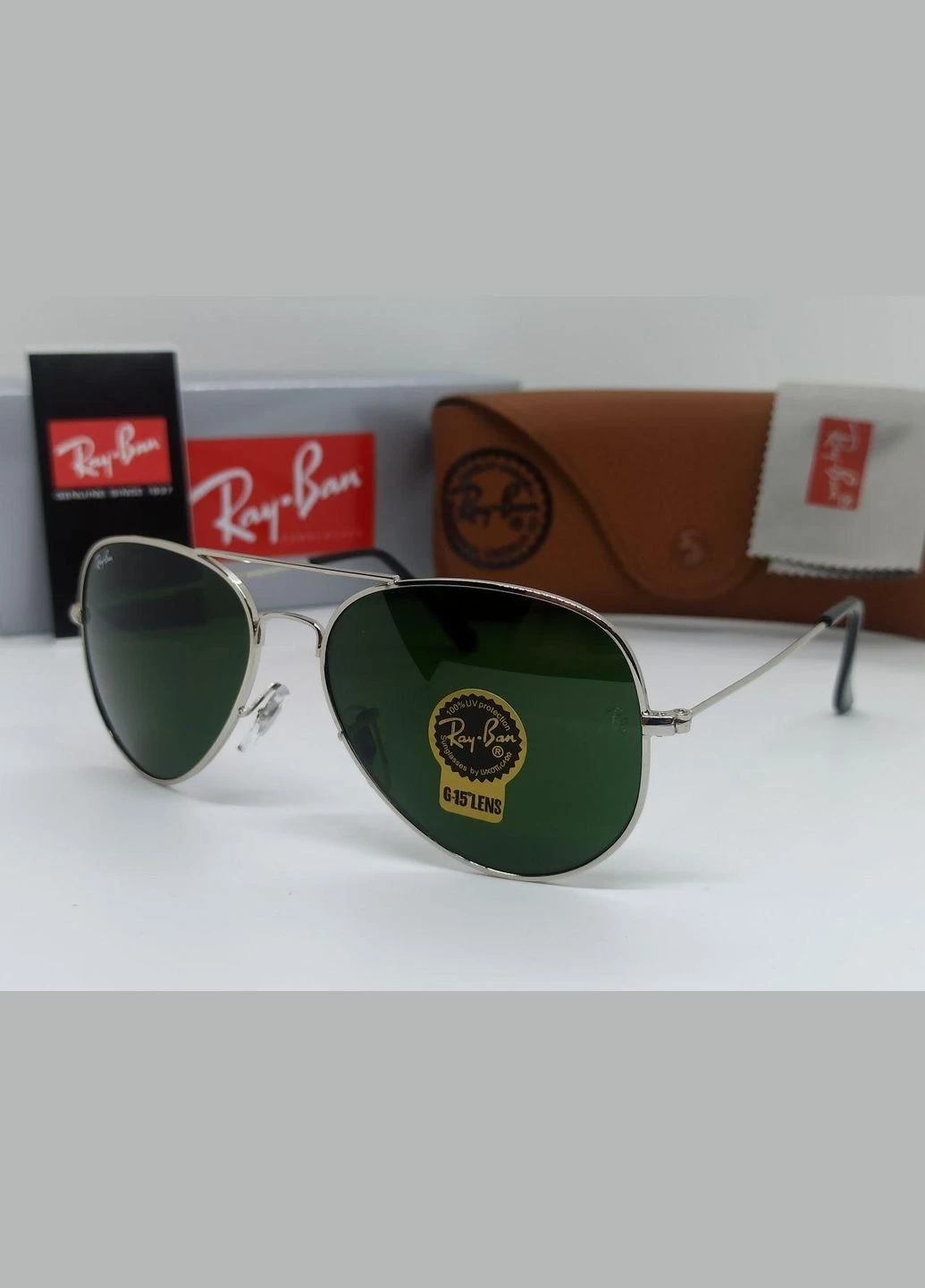 Сонцезахисні Окуляри Aviator 3025 Silver Green Лінза-СКЛО Комплект Ray-Ban (387075780)