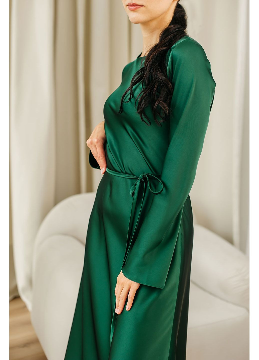 Зеленое платье из двойного шелка с поясом maureen Lana Bryk однотонное