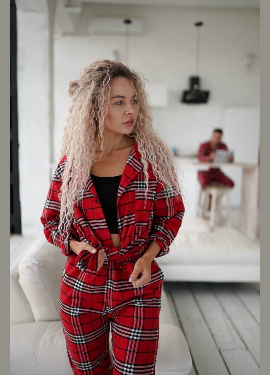 Алая фланелевая пижама рубашка и брюки No Brand