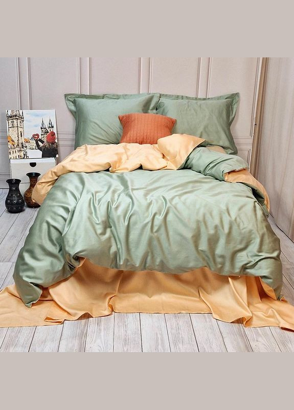 Постільна білизна ДУЕТ GREEN FOG/SOFT PEACH Premium Сатин однотон Сімейна Сатин однотон MERISET (335051975)