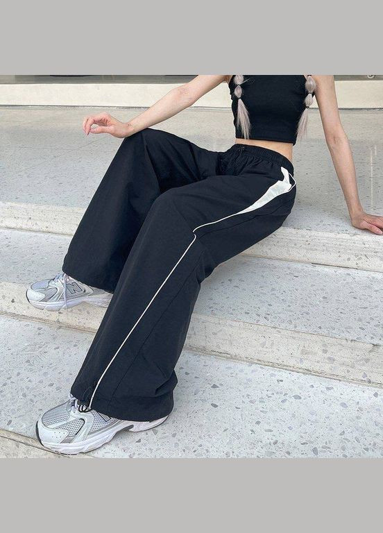 Женские черные стильные в корейском стиле брюки с плащевками на затяжках с лампасами. No Brand штани (293337336)