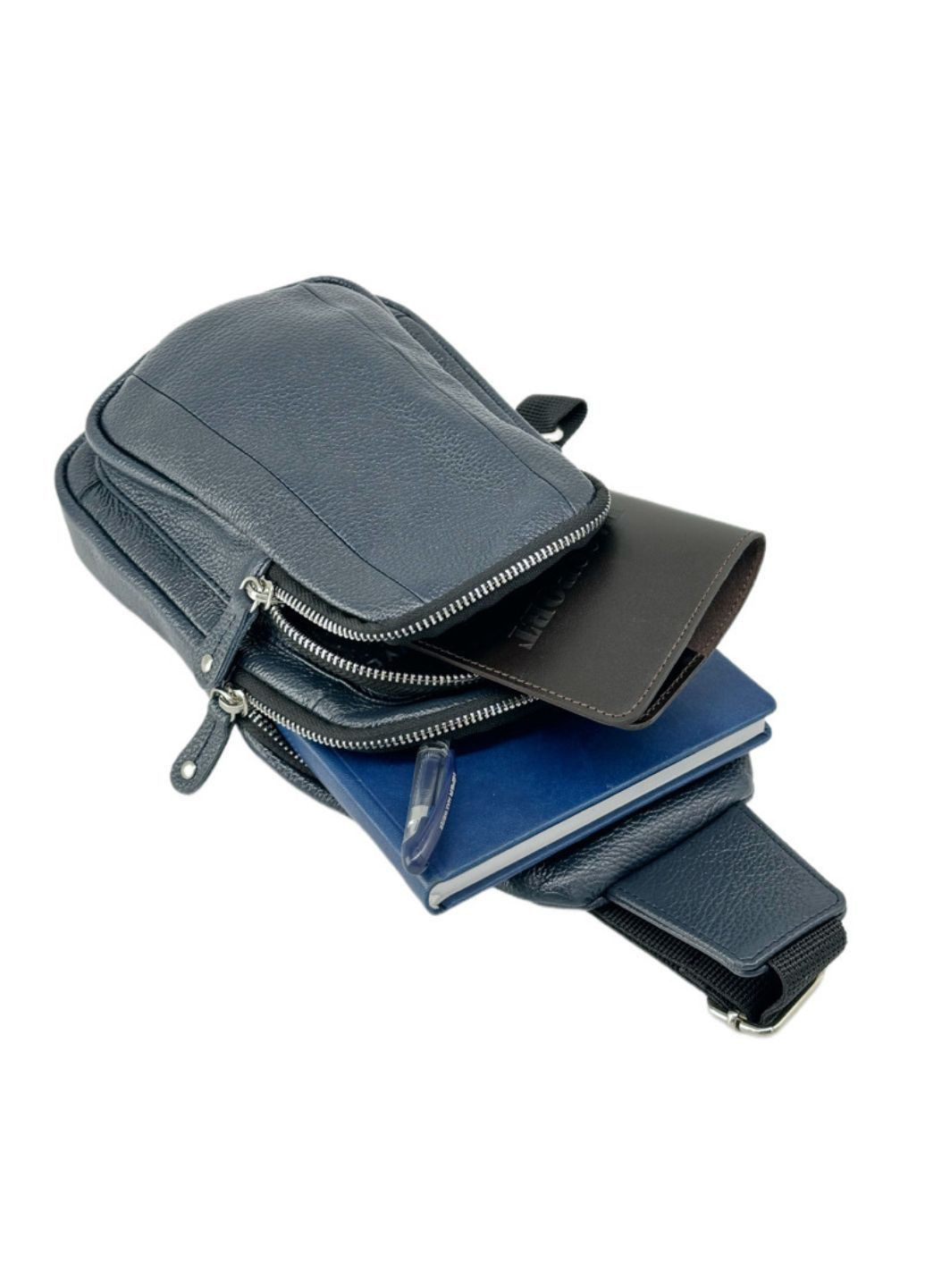 Стильна чоловіча сумка-слінг нагрудна з натуральної шкіри на блискавці, синій 817550 LQ 818550 (280931055)