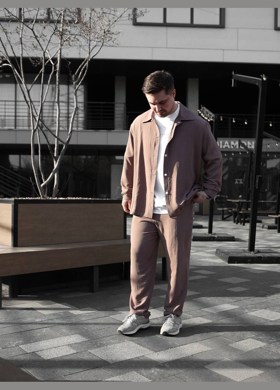 Темно-бежевый летний костюм: брюки и рубашка из легкого дышащего материала с рубашкой, брючный Україна