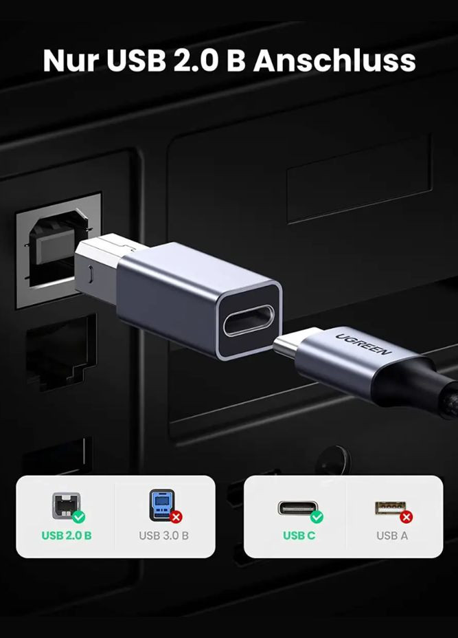Перехідник USB C на USB B Printer для принтера, жорсткого диска, док станції, факсу Grey (US382) 20120 Ugreen (300523796)
