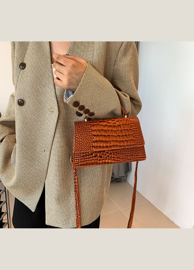 Женская лаковая мини сумочка клатч на плечо с принтом рептилия коричневая (sku_1736Н) No Brand (330576868)