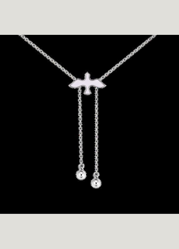 Колье серебряное Птичка с белой эмалью и двумя бусинами на цепочках Каштан (342334691)