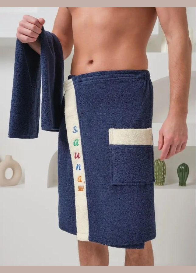 Чоловічий рушник для сауни набір Махра синій (П4К-Msauna001-56) No Brand напис синій