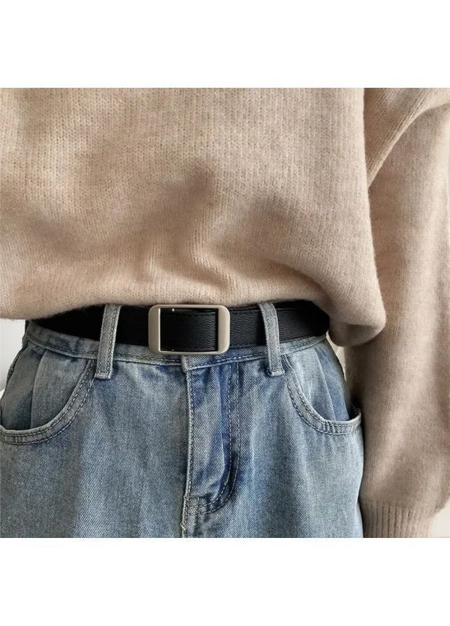 Жіночий ремінь без отворів з екошкіри чорний 105 см, стильний регульований пояс із прямокутною пряжкою для суконь і джинсів No Brand (362682315)