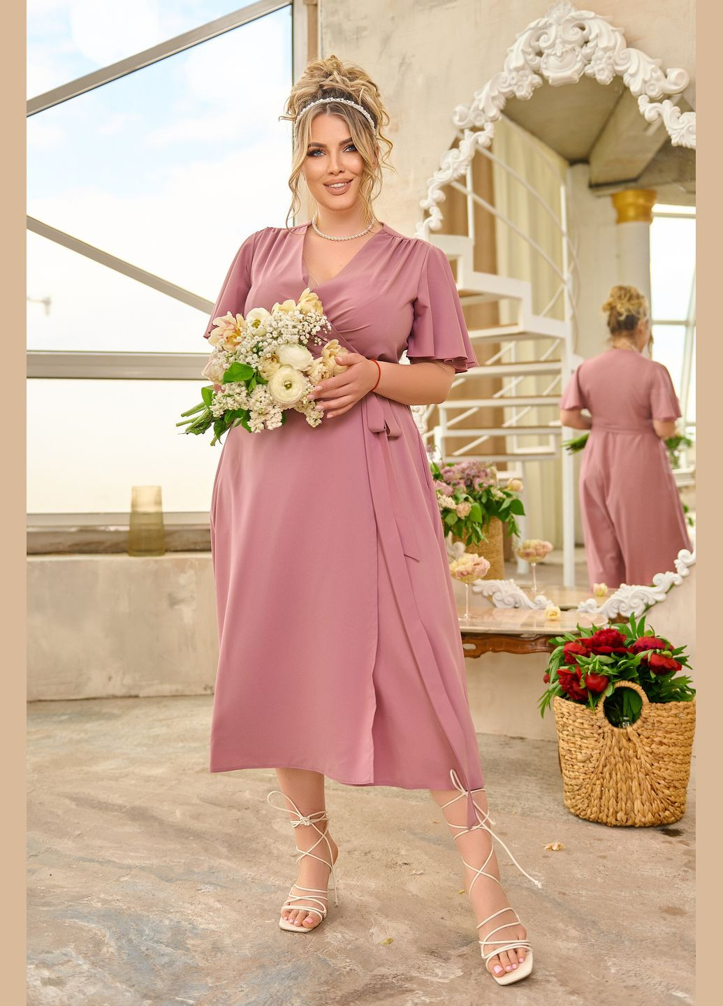 Розово-лиловое вечернее вечернее платье на запах No Brand однотонное