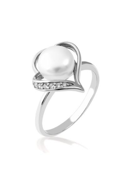 Каблучка срібна Тропічна Пелюстка з перлинами та білими фіанітами Каштан (342335217)