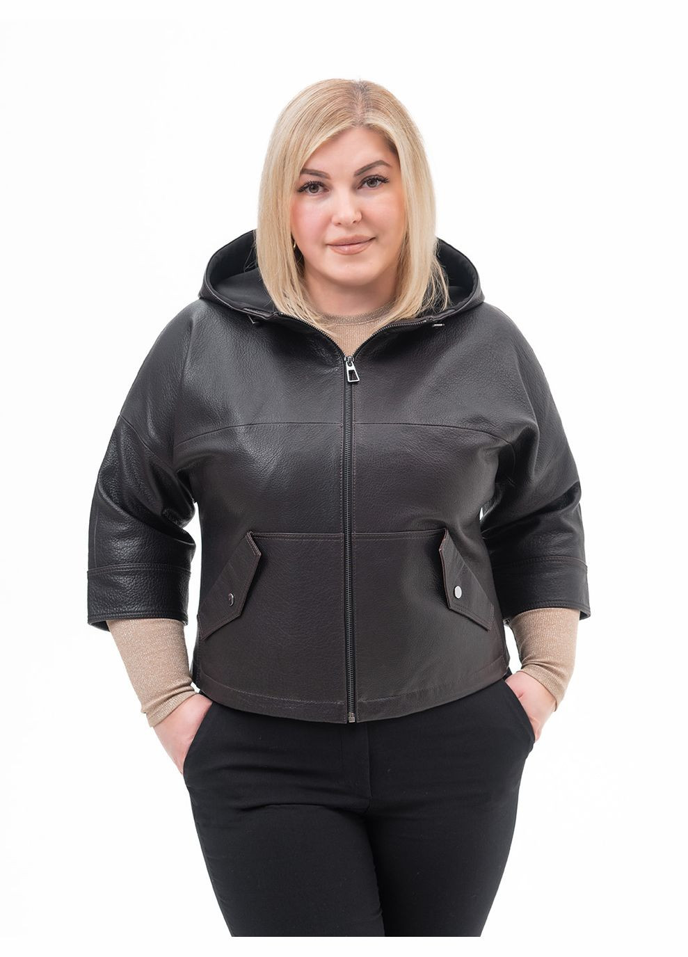 Темно-коричнева демісезонна жіноча шкіряна куртка весна Fabio Monti