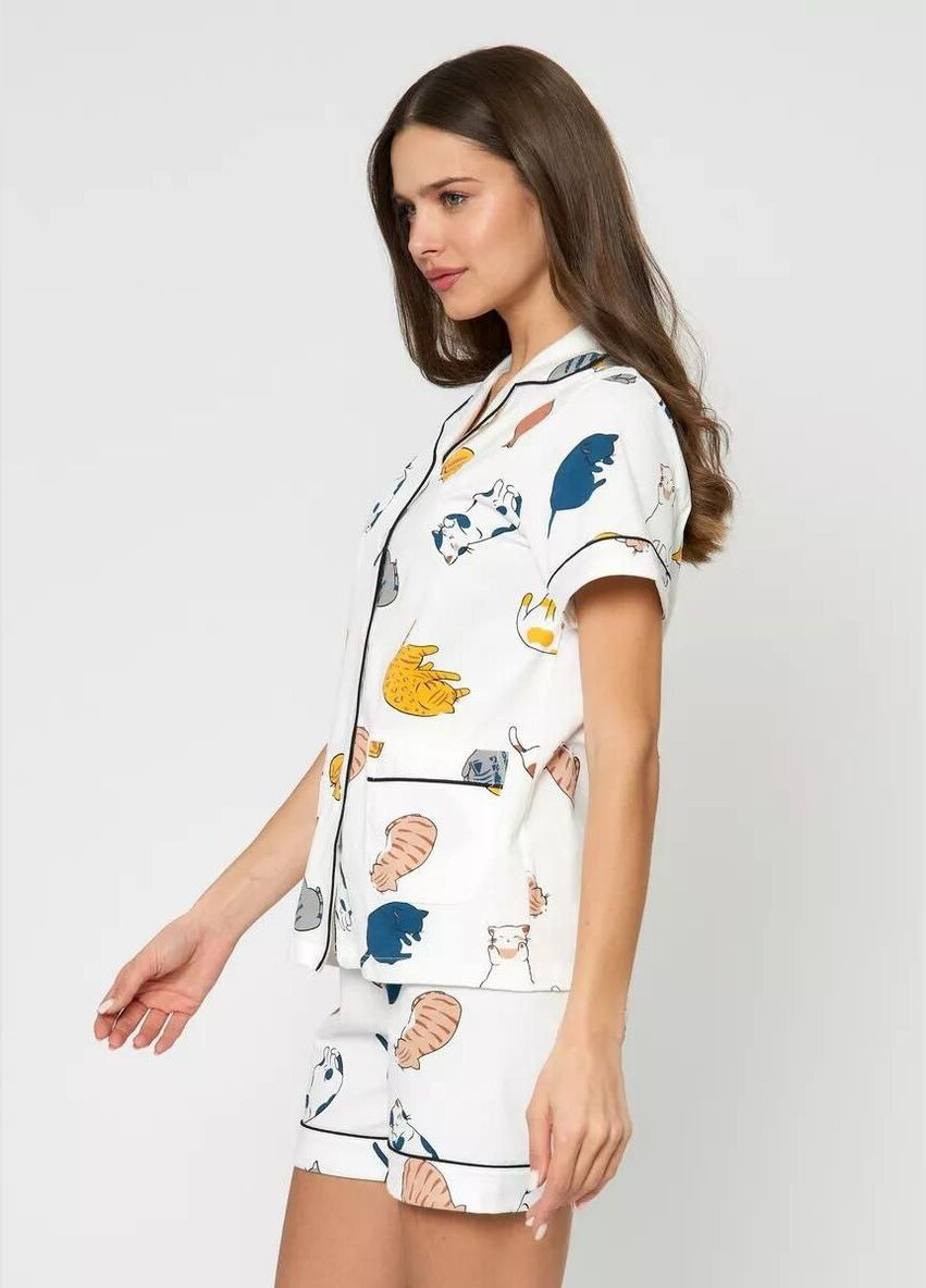 Белая всесезон женская пижама тройка домашний комплект 3 в 1 с принтом котиков стильный комфортный набор рубашка + шорты + брюки рубашка + шорты + брюки Cindylove