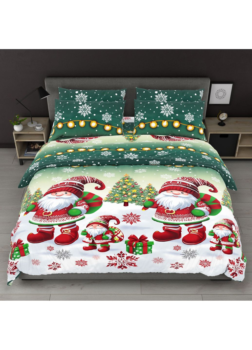Постільна білизна новорічна півтораспальна зелено-біла Санта Клаус Бязь Голд 518320 Ananasko (366959165)