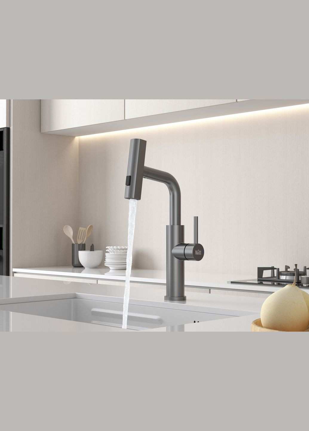 Змішувач на кухню водоспад із висувною лійкою графіт LGr-35 Nett (337718076)