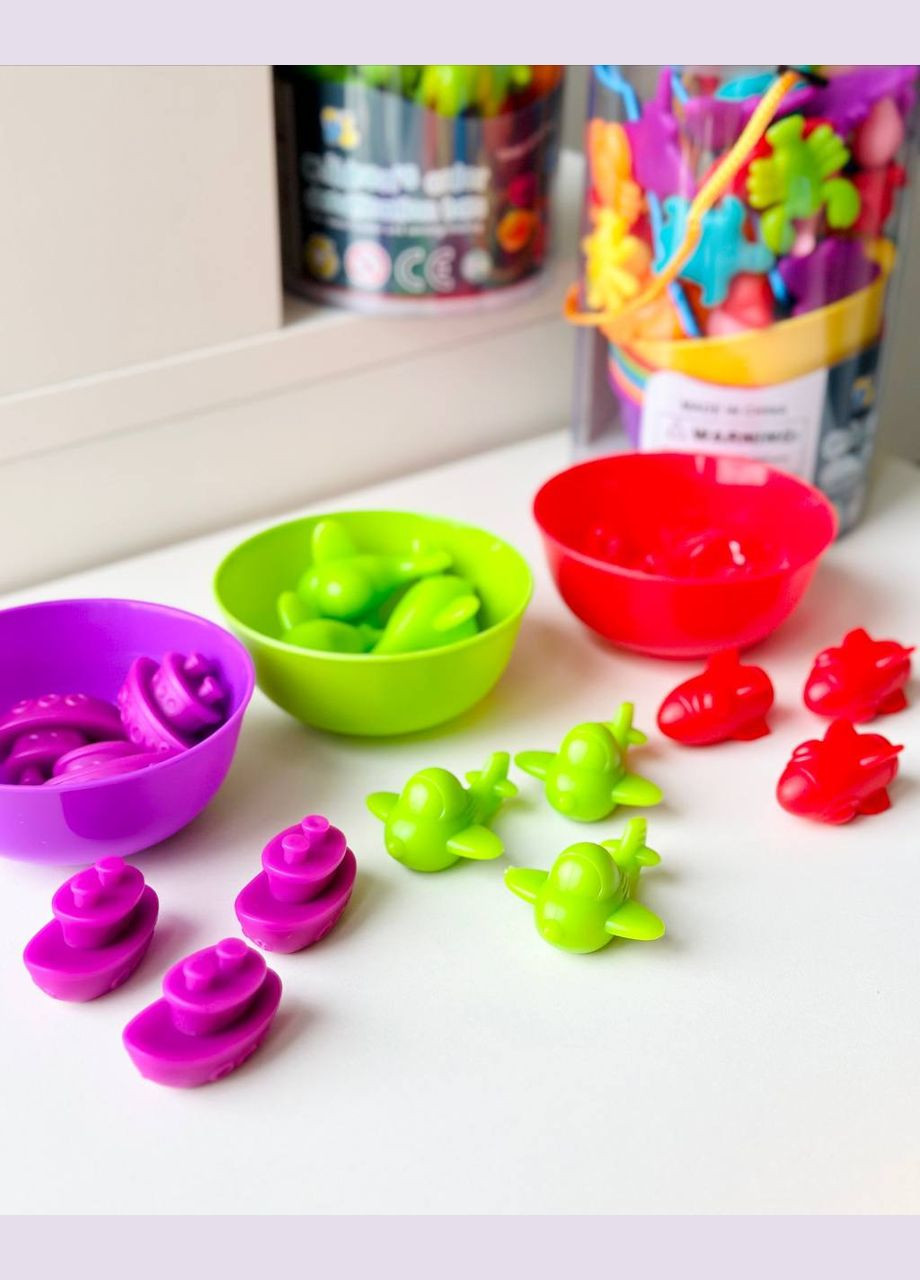 Розвиваюча гра Сортер Монтессорі по кольорам FD2188 з пінцетами та тарілочками Транспорт Fun Game (327797192)