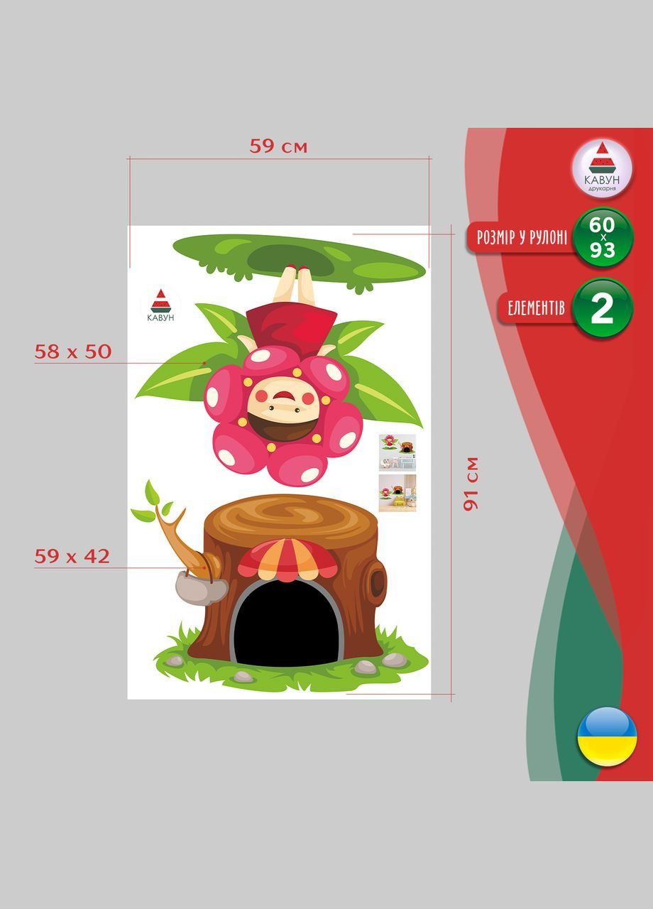 Вінілова інтер'єрна на стіну, шпалери в дитячу "Фея. Будиночок феї в пеньку. Феєчка" з Кавун наклейка (316190012)