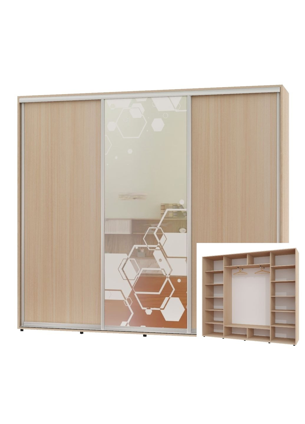 Шафа-купе тридверна 250*45*220 Дуб молочний 2 ДСП/Дзеркало з піскострумним малюнком ШК-05 Алекса (360477398)