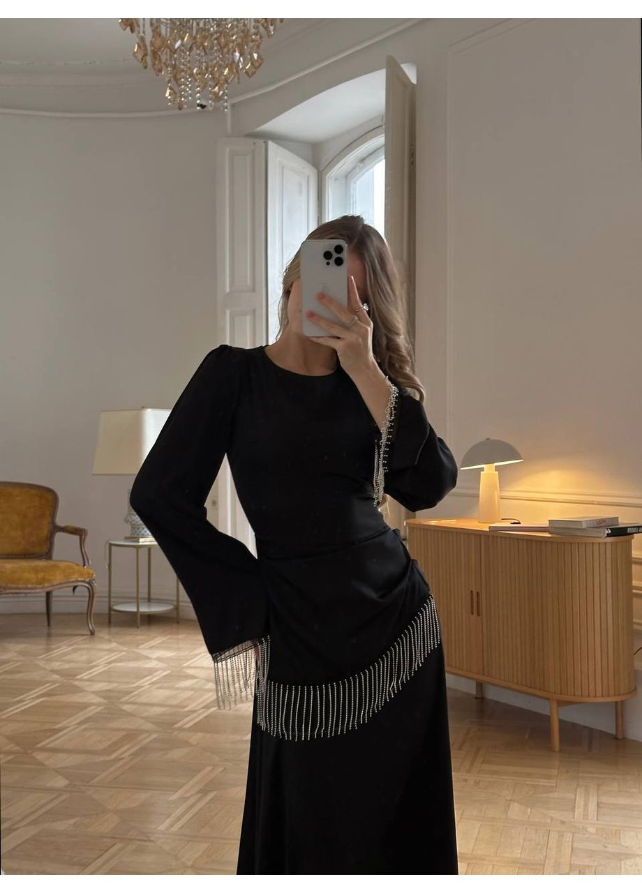 Черное праздничный элегантное платье из шелка армани с камнями — замеры в описании силуэтная DK/DL Мода без кордонів однотонное