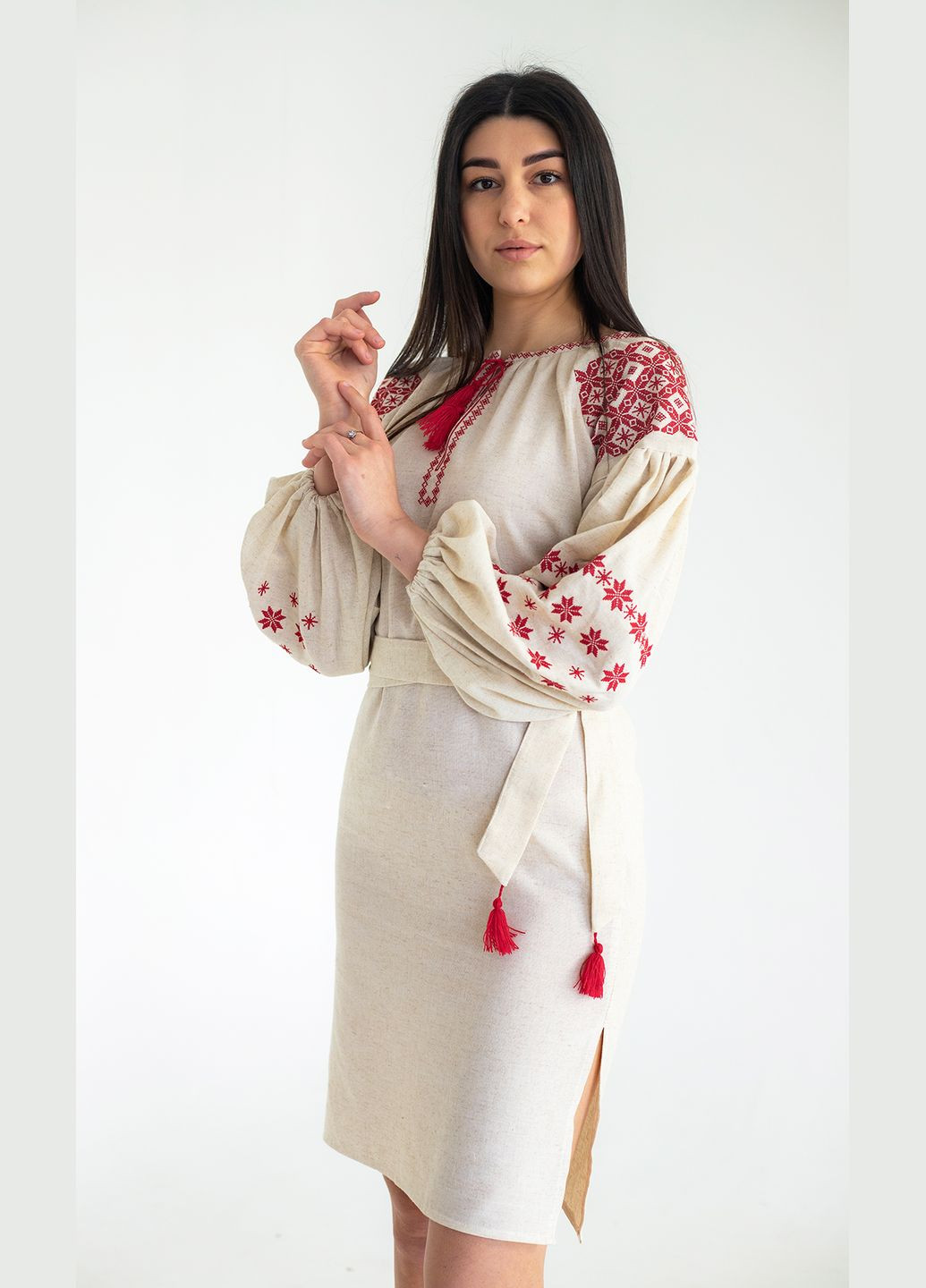 Бежева вишита жіноча сукня vishivano4ka 135-4 візерунок геометричний пряма бавовна, поліестер, льон (336155013)